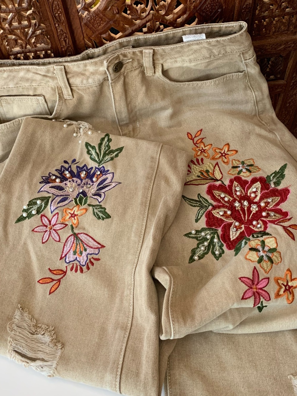Beige Distressed Jeans with Multicolor Floral Embroidery